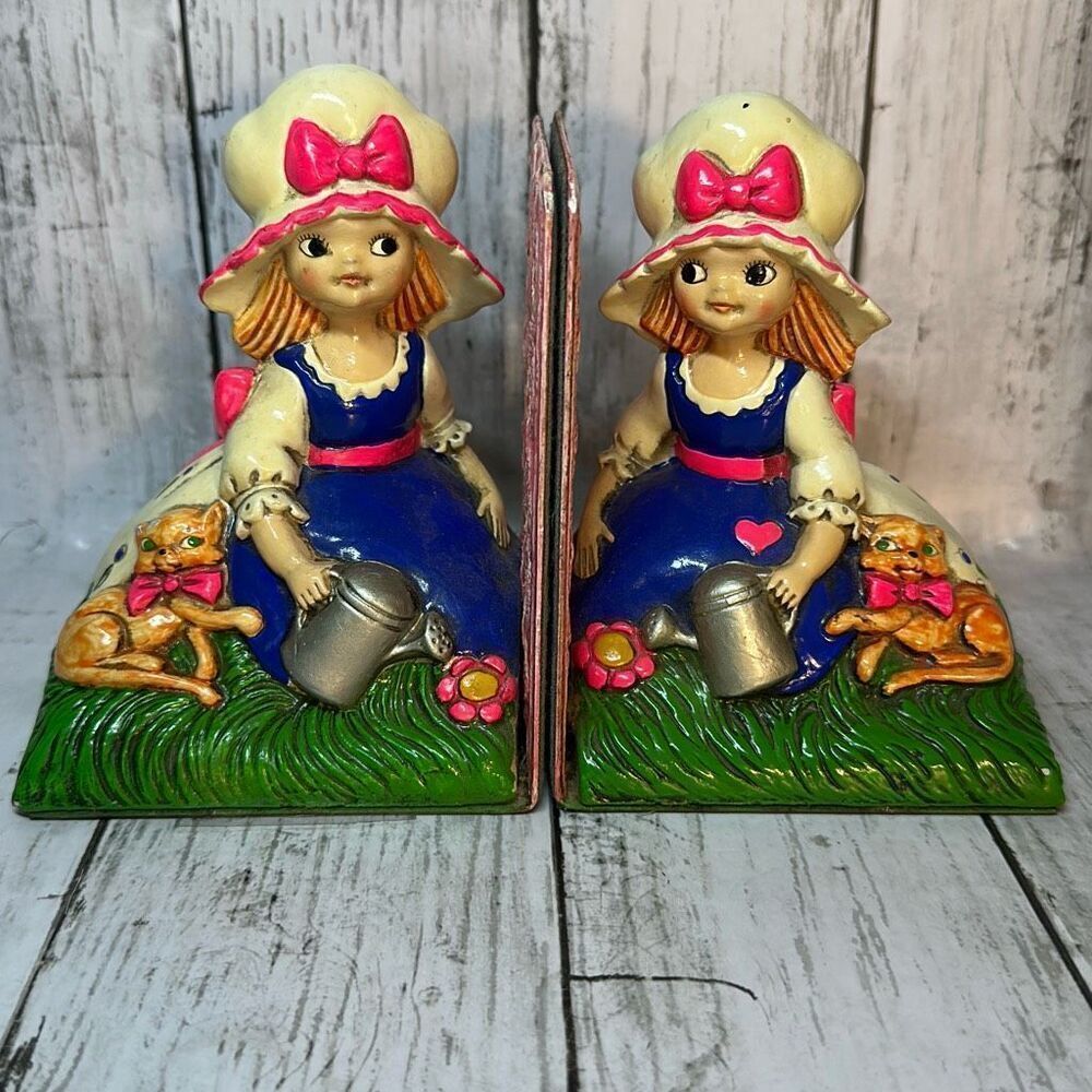 Vintage MCM Earl Bernard Japan Bookends Girl‎ Cat Watering Can Pink Blue